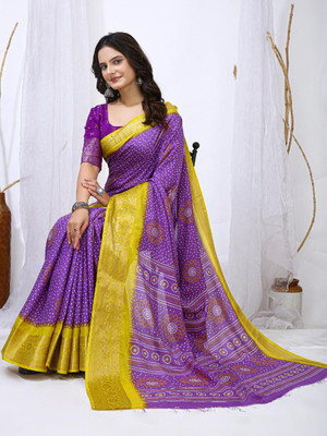 HERE N NOW Printed Banarasi Cotton Silk Saree(Purple)