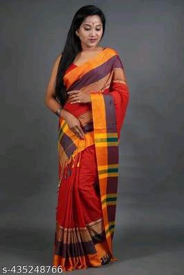Handloom cotton blend saree Solid/Plain Handloom Cotton Blend Saree(Red)