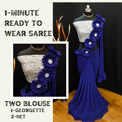 LDCN Self Design, Embellished, Solid/Plain Bollywood Georgette Saree(Dark Blue)