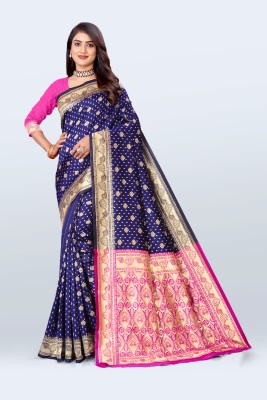 WILLMAKE Printed, Self Design, Color Block, Striped, Embroidered, Woven, Embellished, Solid/Plain Bollywood Jacquard, Art Silk Saree(Dark Blue)