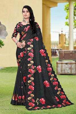 parakhiya fab Digital Print Handloom Cotton Linen Saree(Black)
