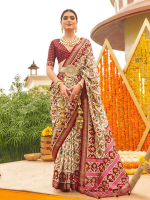ANOUK Printed Patola Silk Blend Saree(Cream)