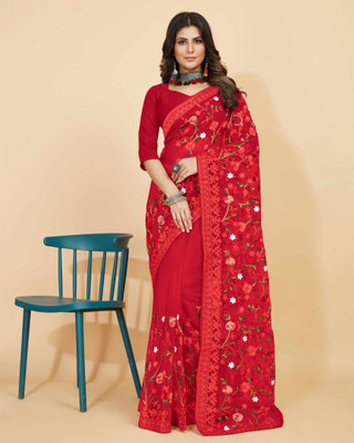 Kasak Embroidered Daily Wear Net Saree(Red)