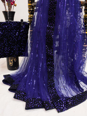 JASHALFAB Embellished Daily Wear Net, Velvet Saree(Dark Blue)