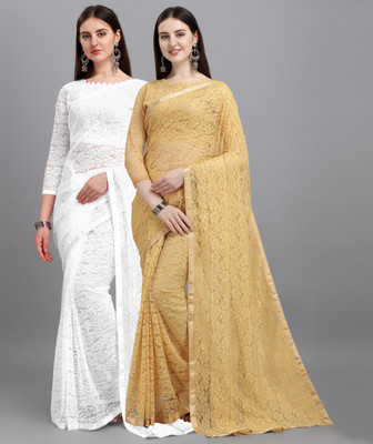 LOROFY Self Design Bollywood Net Saree(Pack of 2, White, Cream)