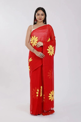 Pionex Floral Print Handloom Pure Cotton Saree(Red)