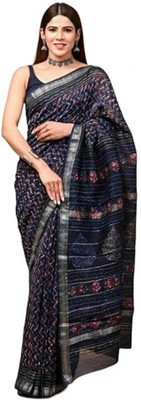 Eddika Color Block Maheshwari Cotton Silk Saree(Dark Blue)