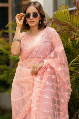 SUBHAM Embroidered, Embellished Bollywood Net Saree(Orange)