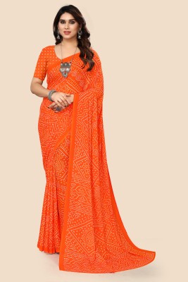 Kanooda Prints Printed Bandhani Georgette Saree(Orange, White)