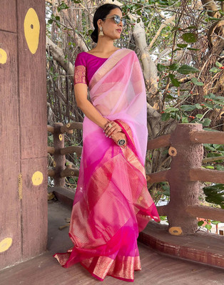 KOTHARI BS Solid/Plain Bandhani Organza Saree(Pink)