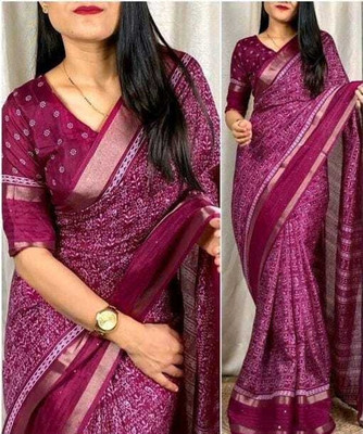 Zoamic Printed Bollywood Cotton Silk Saree(Purple)