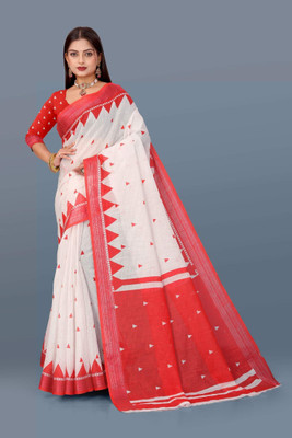 UCREATATION Printed, Digital Print, Solid/Plain Tant Cotton Linen Saree(White, Red)