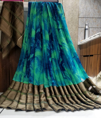 Bombey Velvat Fab Printed, Solid/Plain Mysore Mulmul, Chiffon Saree(Green, Blue)