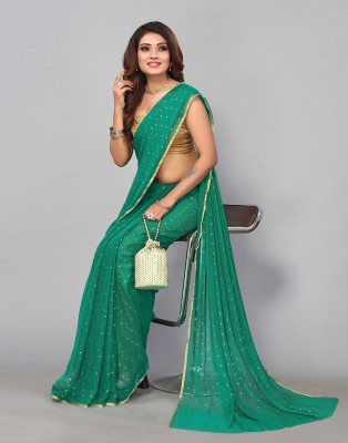 Florona Enterprise Woven, Embellished, Self Design, Dyed Daily Wear Chiffon Saree(Green, Gold)