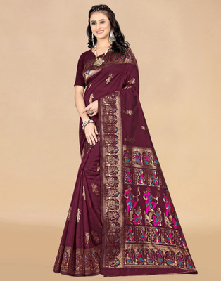 Samah Woven, Embellished, Self Design Banarasi Silk Blend, Jacquard Saree(Maroon, Gold, Multicolor)