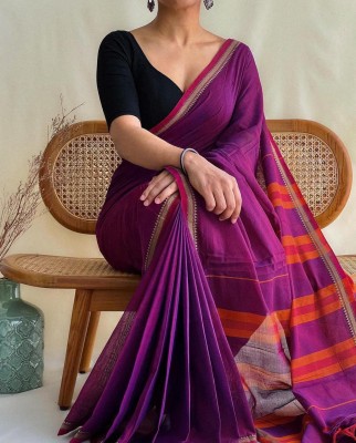 BiswasTextiles Striped Handloom Cotton Blend Saree(Purple)