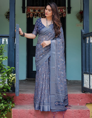 all about you Floral Print, Blocked Printed, Embellished Bollywood Linen Saree(Blue)