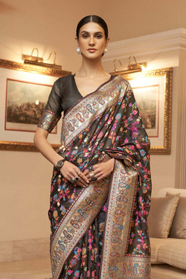 SWORNOF Woven Bollywood Pure Cotton Saree(Black)