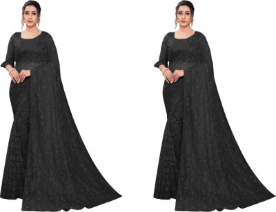 Nilkanthvarni Creation Self Design Bollywood Net Saree(Pack of 2, Black)