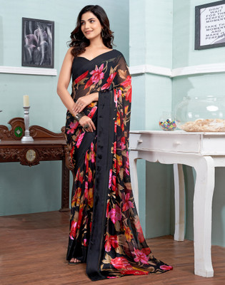 Divastri Floral Print Daily Wear Georgette Saree(Black, Multicolor)