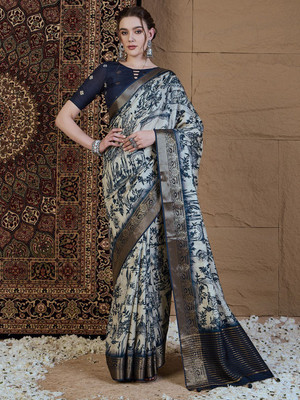 ANOUK Printed Chinnalapattu Viscose Rayon Saree(Cream, Dark Blue)