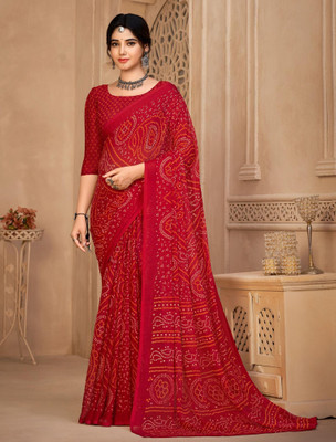 SainiVastra Printed Bandhani Chiffon Saree(Red)