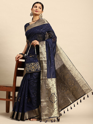 Divastri Embroidered Bollywood Silk Blend Saree(Dark Blue)
