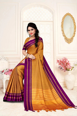sai dhruvi fashions Solid/Plain Gadwal Cotton Silk Saree(Mustard)