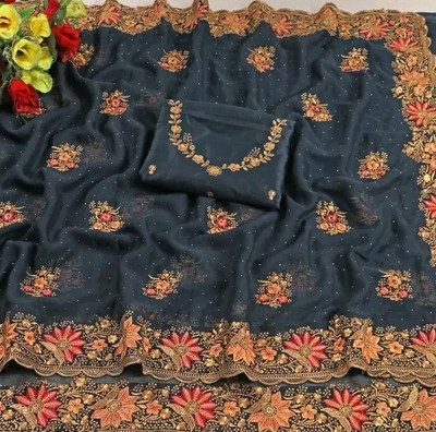 KHRITI FAB Embroidered, Floral Print Bollywood Georgette Saree(Grey)