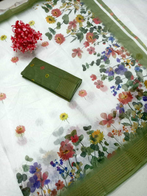 HouseOfCommon Floral Print Kanjivaram Chanderi, Pure Silk Saree(White, Green)