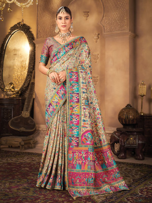 Sariya Woven, Digital Print Madhubani Pure Silk, Jacquard Saree(Light Green)