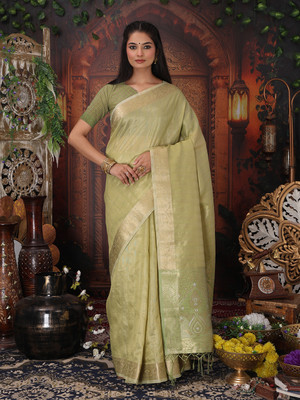 HouseOfCommon Woven Banarasi Organza Saree(Green)
