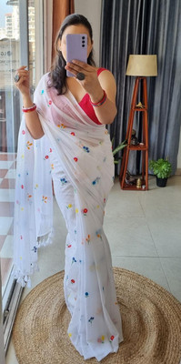 FASHIONIUM Embroidered Handloom Pure Cotton Saree(White)