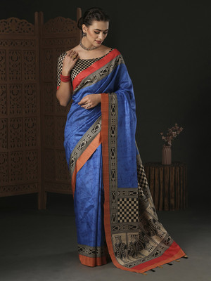 Divastri Printed Sambalpuri Silk Blend Saree(Blue)