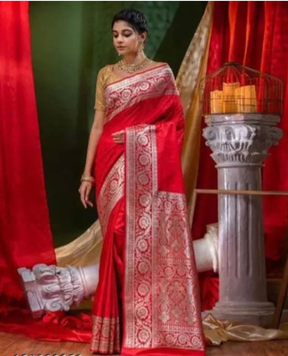 Dulhan Collection Woven Banarasi Handloom Satin Saree(Red)