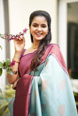Fashmode Creation Woven Kanjivaram Art Silk, Jacquard Saree(Light Blue)