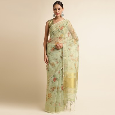 Divastri Floral Print Bollywood Linen Saree(Green)