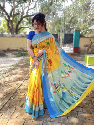trogon Printed Handloom Pure Cotton Saree(Yellow)