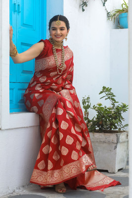 sarify creation Floral Print Kanjivaram Silk Blend Saree(Red)
