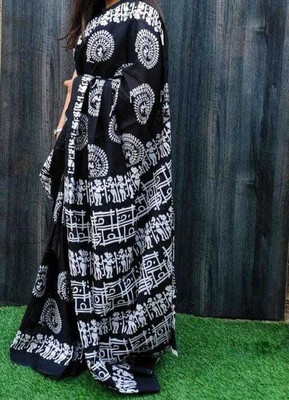 DASTKARPRINT Printed, Color Block, Blocked Printed, Floral Print, Dyed Daily Wear Pure Cotton Saree(Black)
