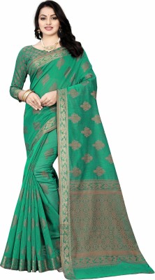 M.S.RETAIL Woven Chanderi Cotton Silk Saree(Green)