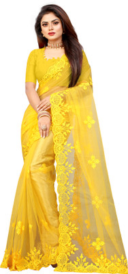 Yashvi Designer Embroidered Bollywood Net Saree(Yellow)