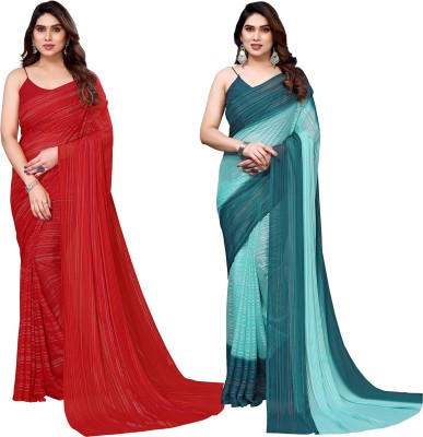 kashvi sarees Striped Bollywood Satin Saree(Pack of 2, Red, Green, Light Blue)