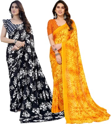 kashvi sarees Printed Daily Wear Georgette Saree(Pack of 2, Black, Yellow)