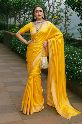 AMRUTKALA SAREES Woven Banarasi Silk Blend Saree(Yellow)