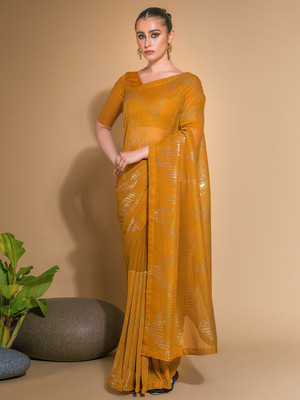 ANOUK Embellished Banarasi Georgette Saree(Mustard)