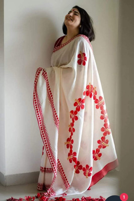 RJSC Printed Handloom Cotton Blend Saree(White)