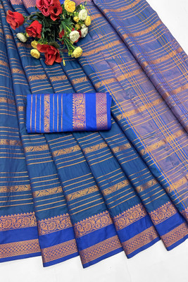 rangbhakti Woven Kanjivaram Silk Blend, Chiffon Saree(Dark Blue)