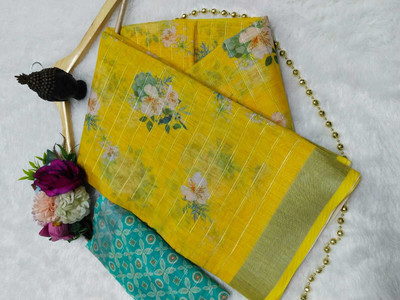 Mervadiya Printed Bollywood Linen, Cotton Linen Saree(Pack of 2, Yellow, Blue)
