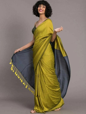 Binay textile Solid/Plain Handloom Cotton Silk Saree(Light Green)